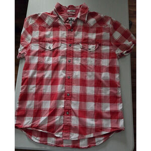 Express Shirt Mens L Red & White Pearl Snap Short Sleeve Button Down Collared
